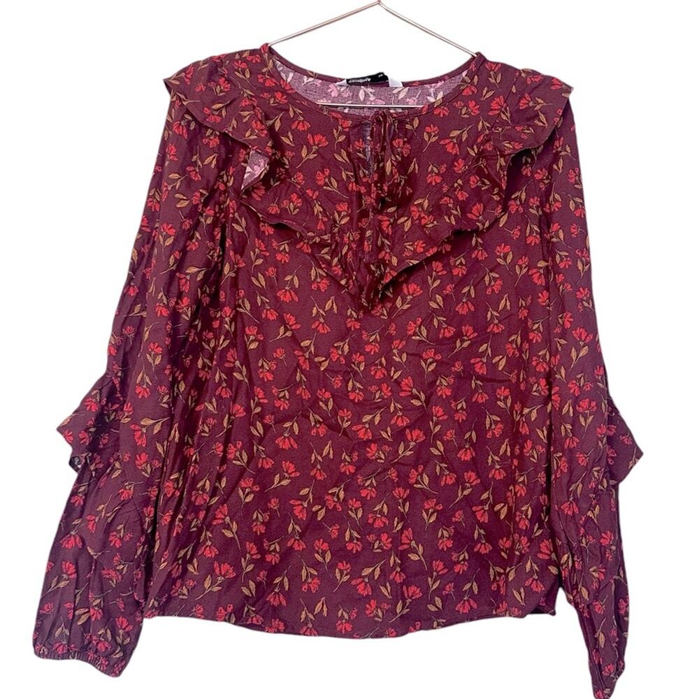 Sonoma Blouse Maroon w Floral Long Sleeve Ruffle Tie Neck size small